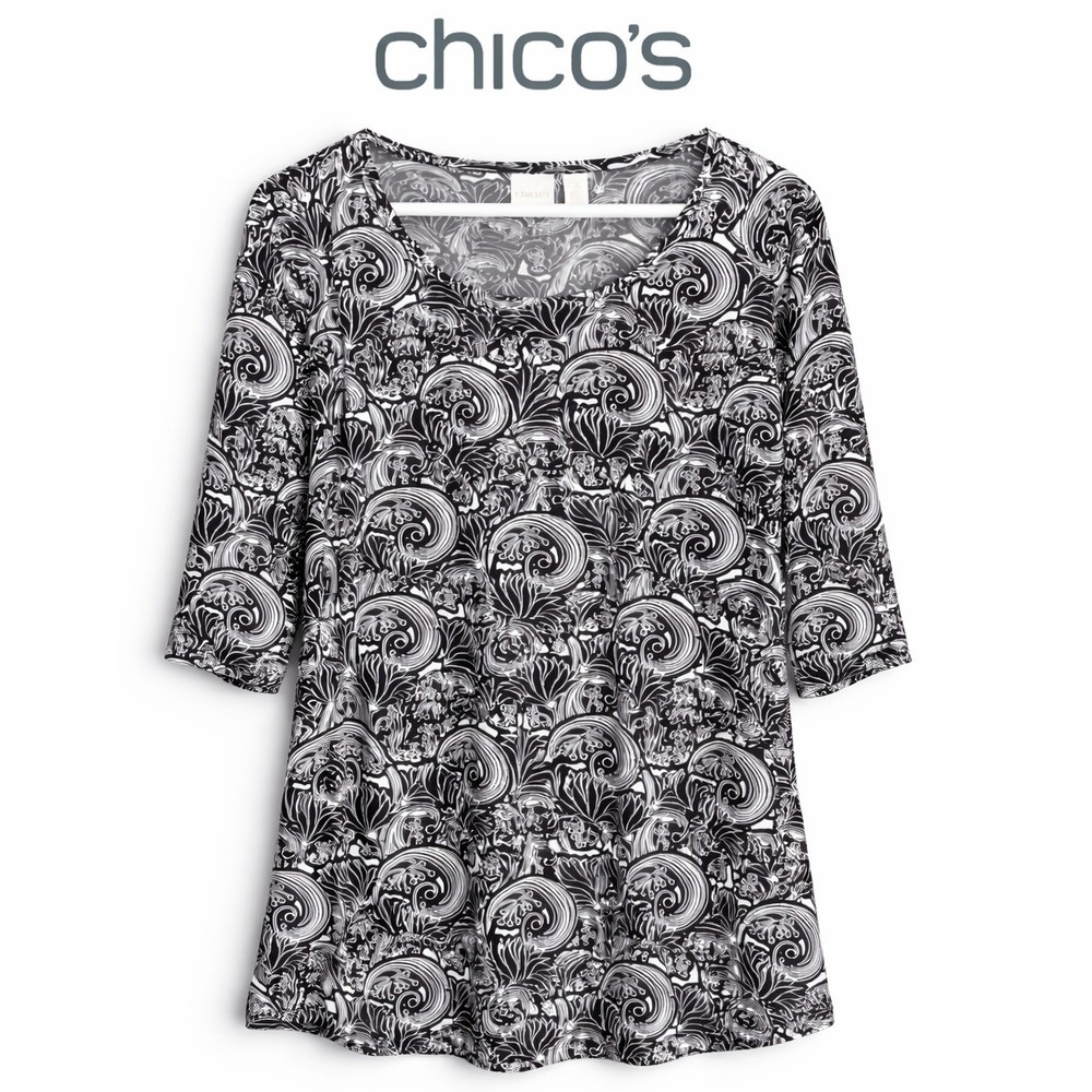 Chico's Black White Paisley Tunic Top Stretch Boho Classic Chic Size 3 XL